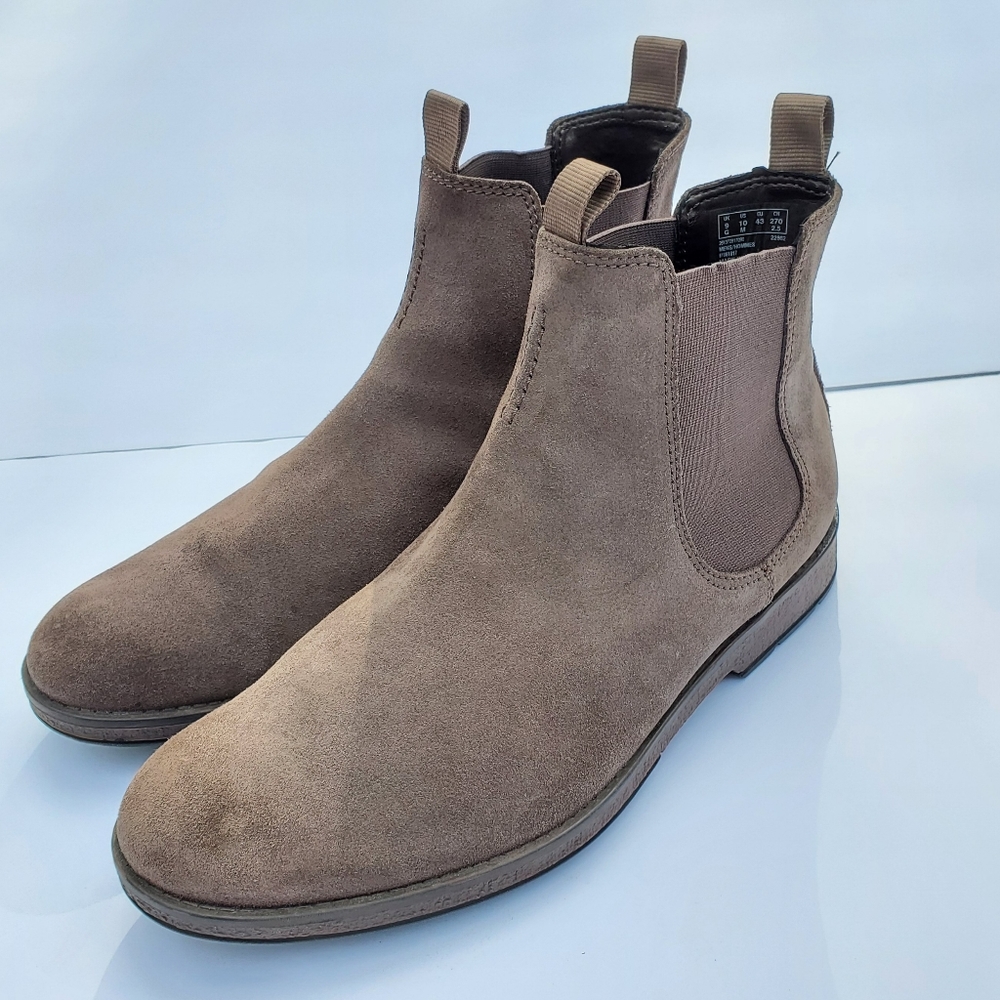 Sz 10 Clarks Collection Mens Hinman Mid Chukka Boots Tan/Taupe Leather Suede EUC